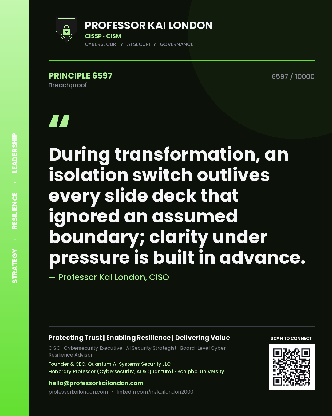 Quote card by Professor Kai London reading 'During transformation, an isolation switch outlives every slide deck that ignored an assumed boundary; clarity under pressure is built in advance.'. From the book Breachproof.