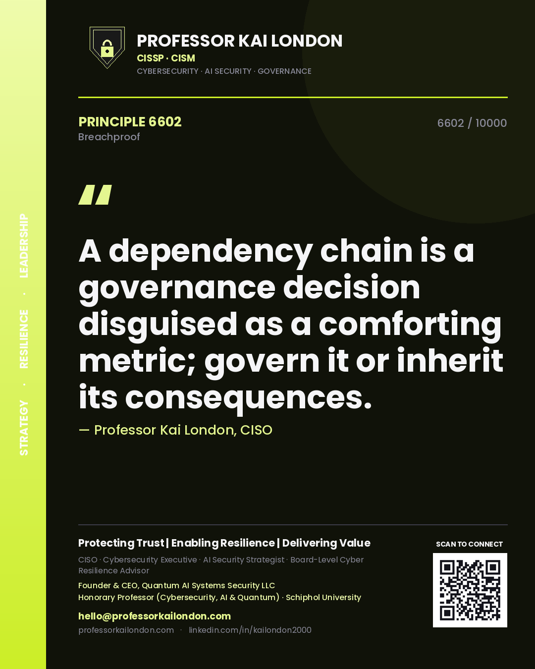 Quote card by Professor Kai London reading 'A dependency chain is a governance decision disguised as a comforting metric; govern it or inherit its consequences.'. From the book Breachproof.