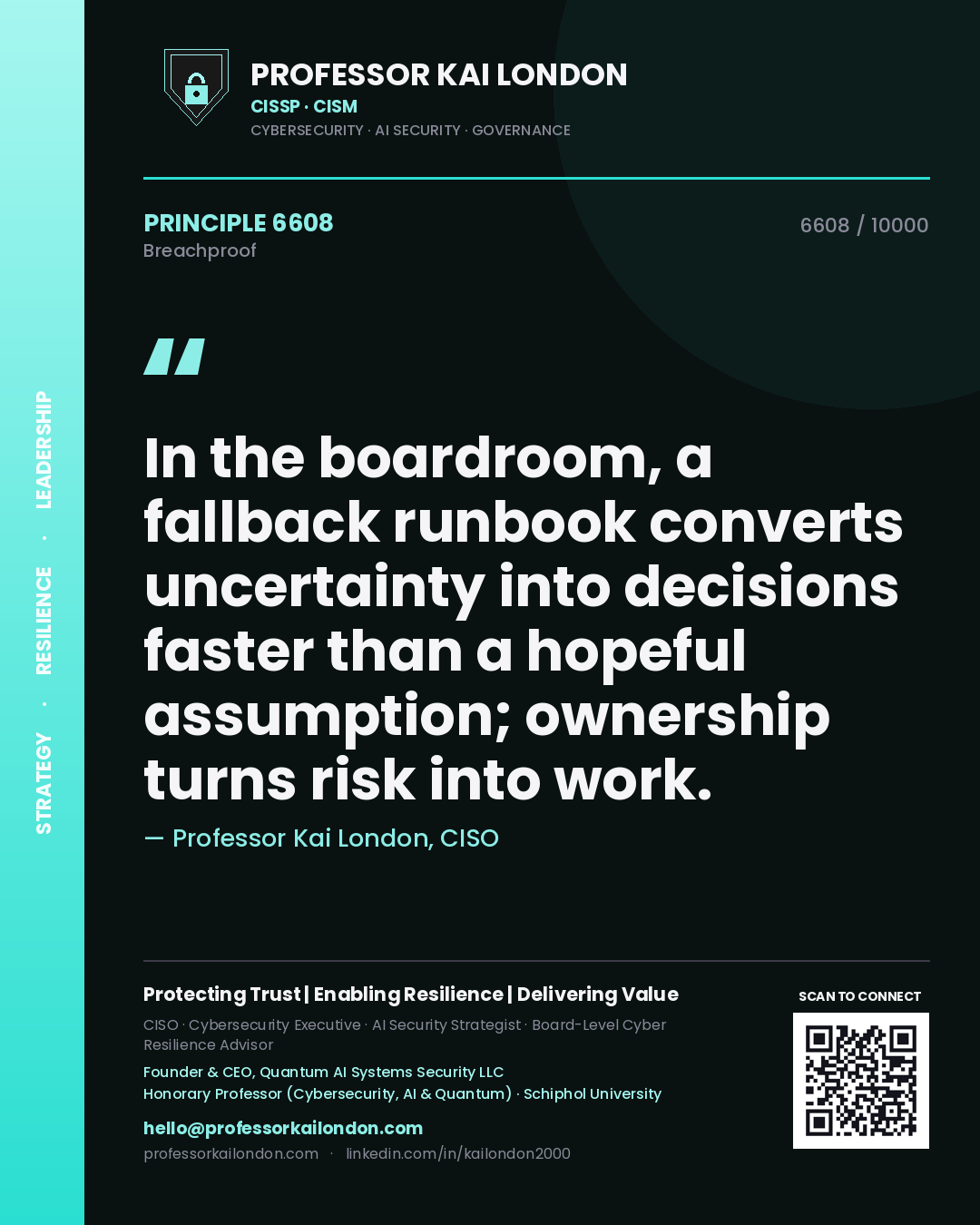 Quote card by Professor Kai London reading 'In the boardroom, a fallback runbook converts uncertainty into decisions faster than a hopeful assumption; ownership turns risk into work.'. From the book Breachproof.