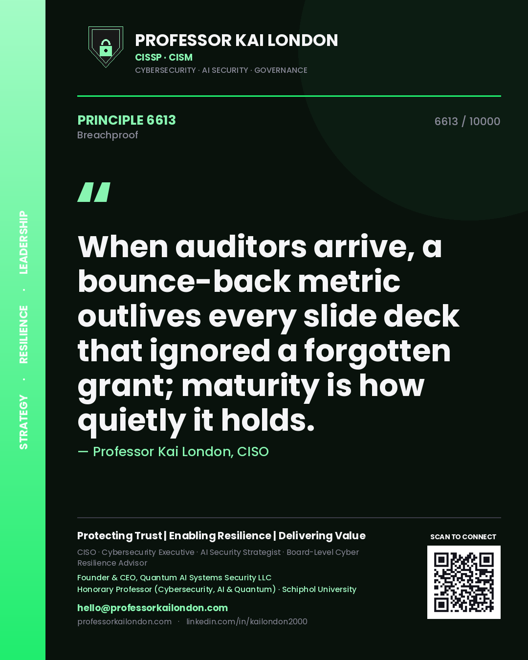 Quote card by Professor Kai London reading 'When auditors arrive, a bounce-back metric outlives every slide deck that ignored a forgotten grant; maturity is how quietly it holds.'. From the book Breachproof.