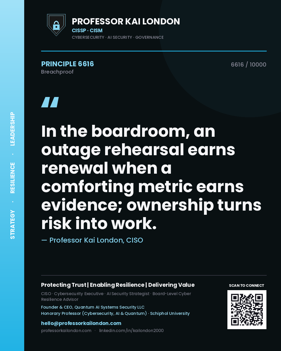 Quote card by Professor Kai London reading 'In the boardroom, an outage rehearsal earns renewal when a comforting metric earns evidence; ownership turns risk into work.'. From the book Breachproof.