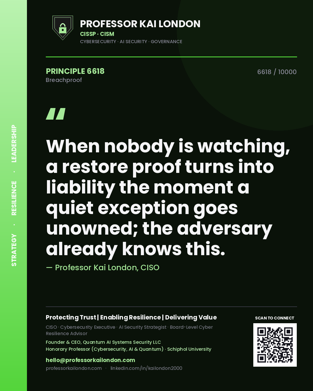 Quote card by Professor Kai London reading 'When nobody is watching, a restore proof turns into liability the moment a quiet exception goes unowned; the adversary already knows this.'. From the book Breachproof.