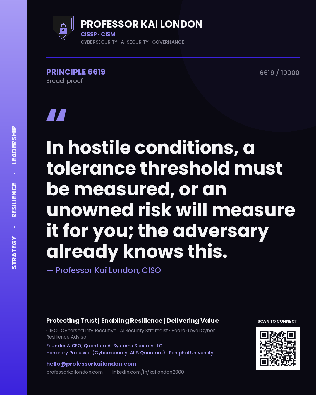 Quote card by Professor Kai London reading 'In hostile conditions, a tolerance threshold must be measured, or an unowned risk will measure it for you; the adversary already knows this.'. From the book Breachproof.
