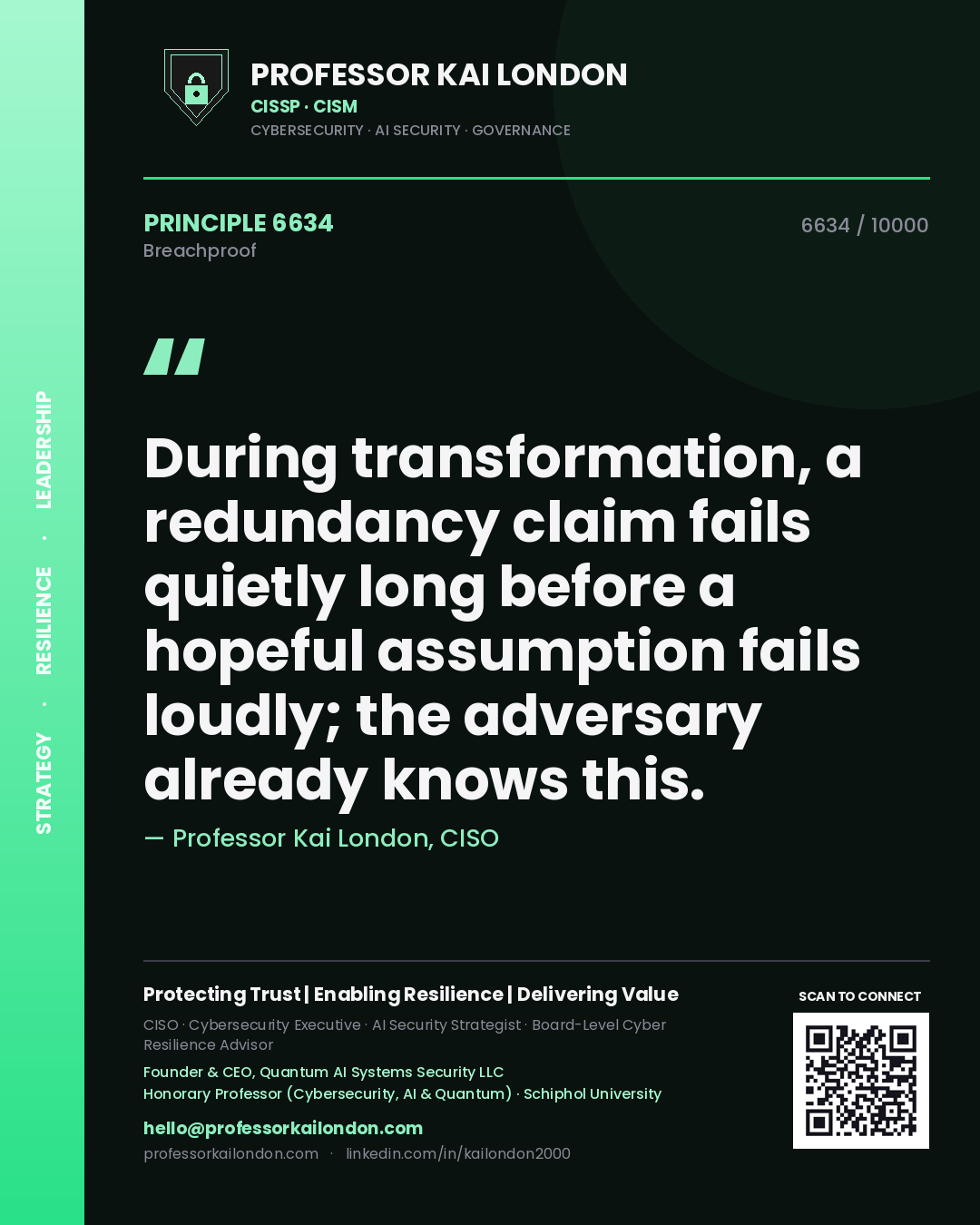 Quote card by Professor Kai London reading 'During transformation, a redundancy claim fails quietly long before a hopeful assumption fails loudly; the adversary already knows this.'. From the book Breachproof.