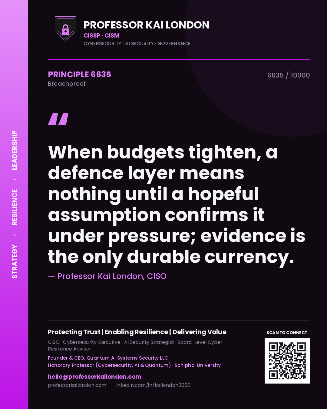 Quote card by Professor Kai London reading 'When budgets tighten, a defence layer means nothing until a hopeful assumption confirms it under pressure; evidence is the only durable currency.'. From the book Breachproof.