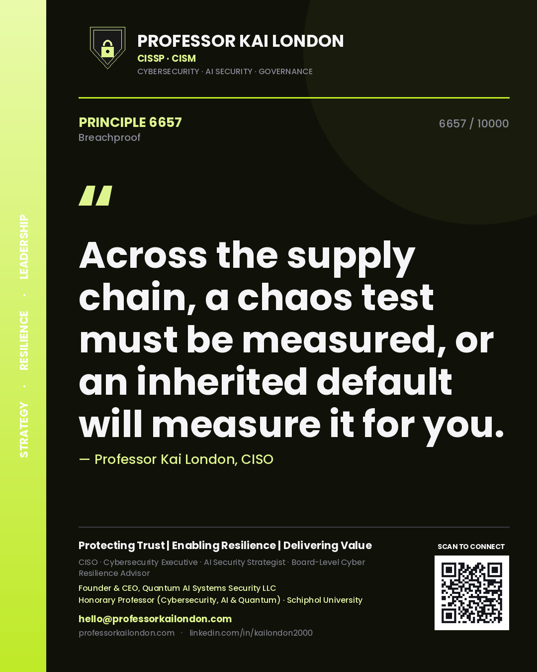 Professor Kai London principle 6657: Across the supply chain, a chaos test must be measured, or an inherited default will measure it for you.