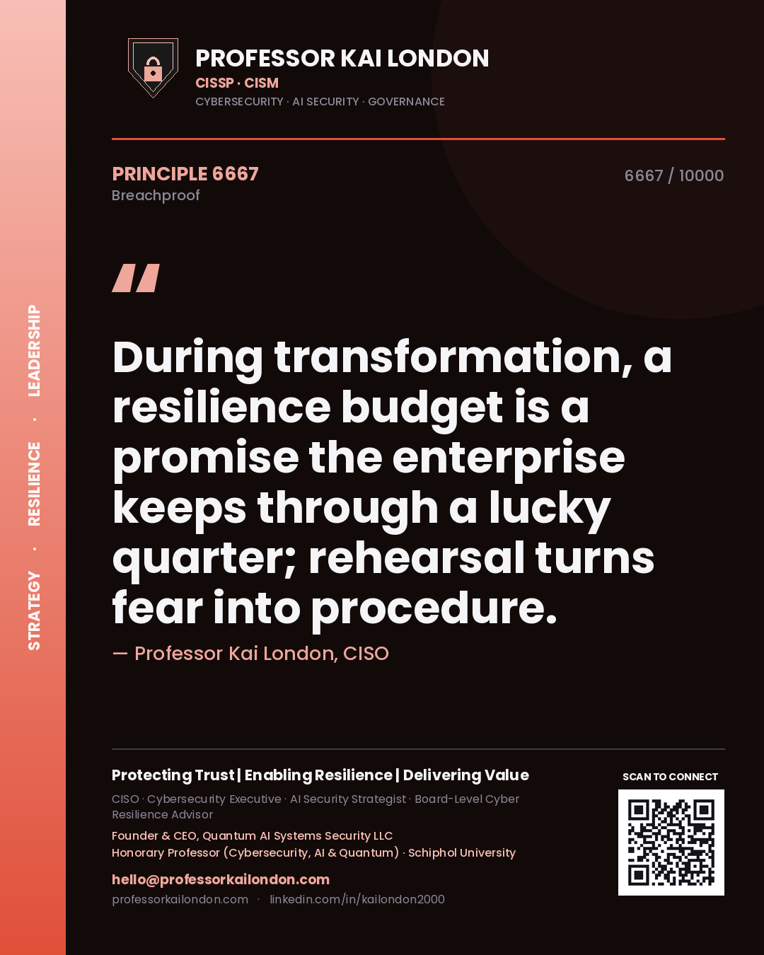 Quote card by Professor Kai London reading 'During transformation, a resilience budget is a promise the enterprise keeps through a lucky quarter; rehearsal turns fear into procedure.'. From the book Breachproof.