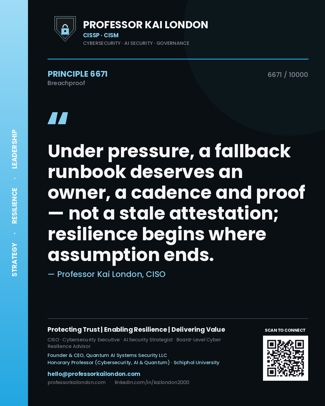 Quote card by Professor Kai London reading 'Under pressure, a fallback runbook deserves an owner, a cadence and proof — not a stale attestation; resilience begins where assumption ends.'. From the book Breachproof.