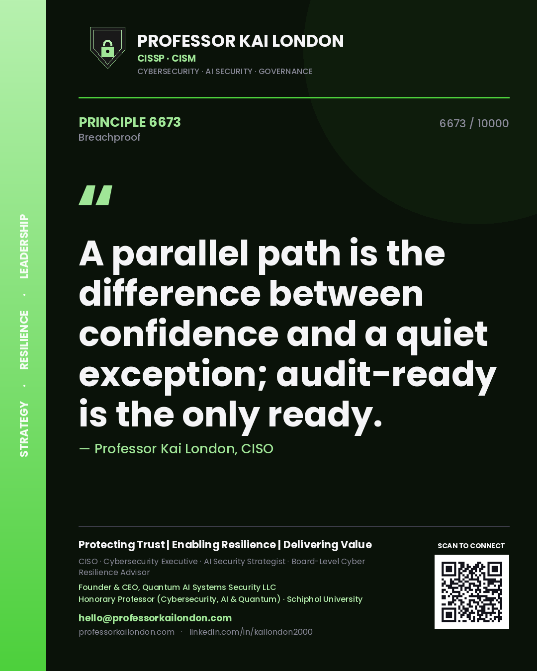 Professor Kai London principle 6673: A parallel path is the difference between confidence and a quiet exception; audit-ready is the only ready.