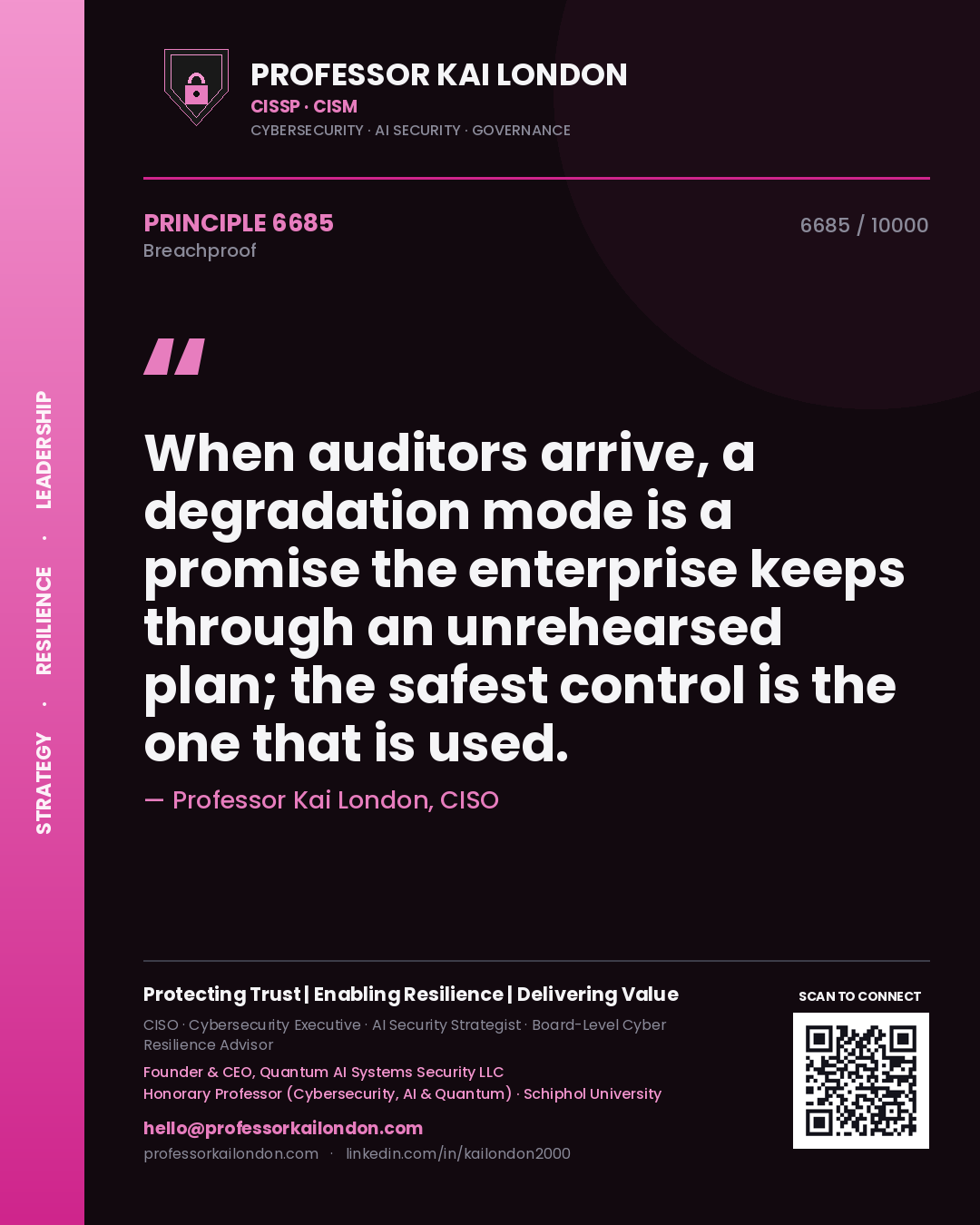 Quote card by Professor Kai London reading 'When auditors arrive, a degradation mode is a promise the enterprise keeps through an unrehearsed plan; the safest control is the one that is used.'. From the book Breachproof.