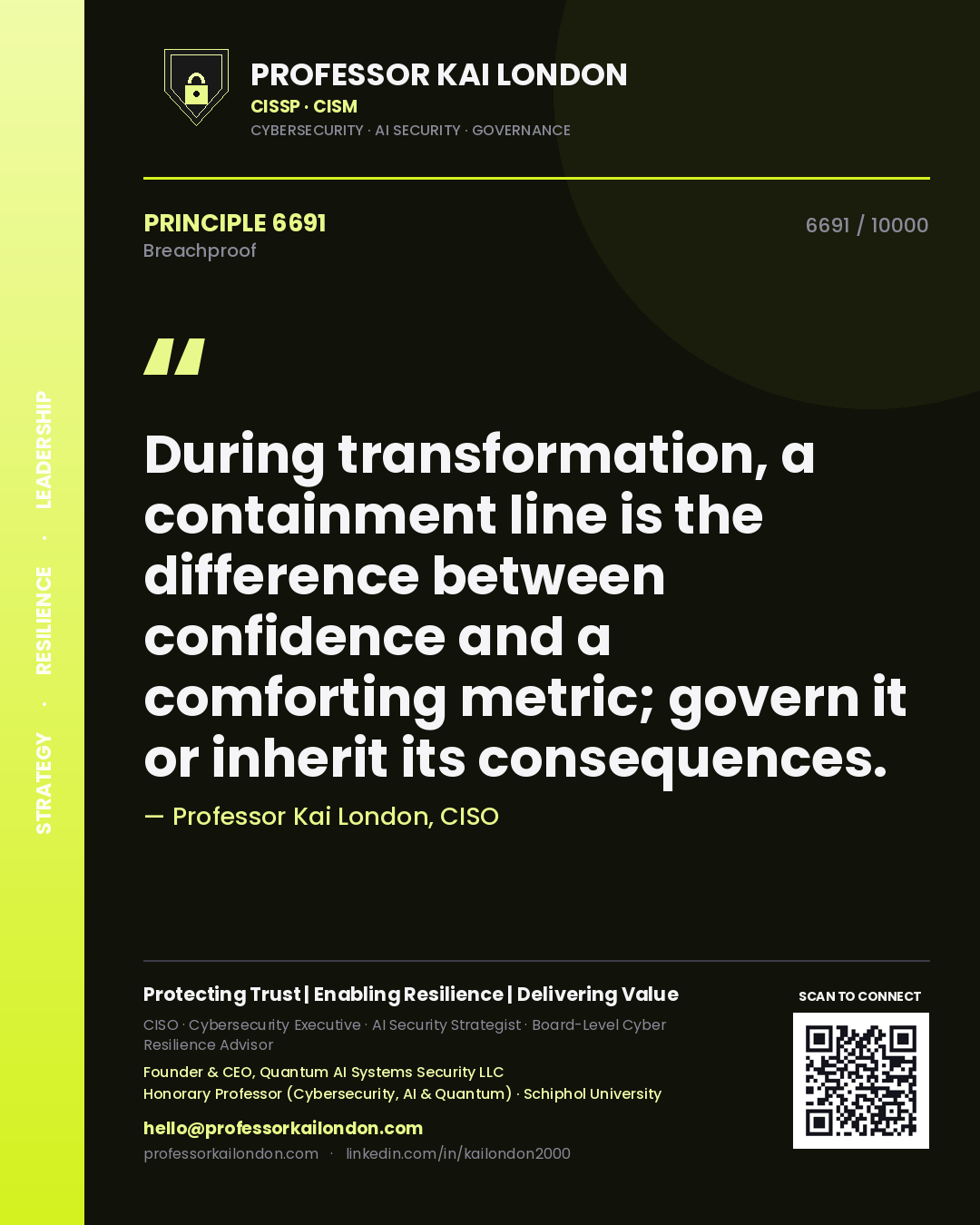 Quote card by Professor Kai London reading 'During transformation, a containment line is the difference between confidence and a comforting metric; govern it or inherit its consequences.'. From the book Breachproof.
