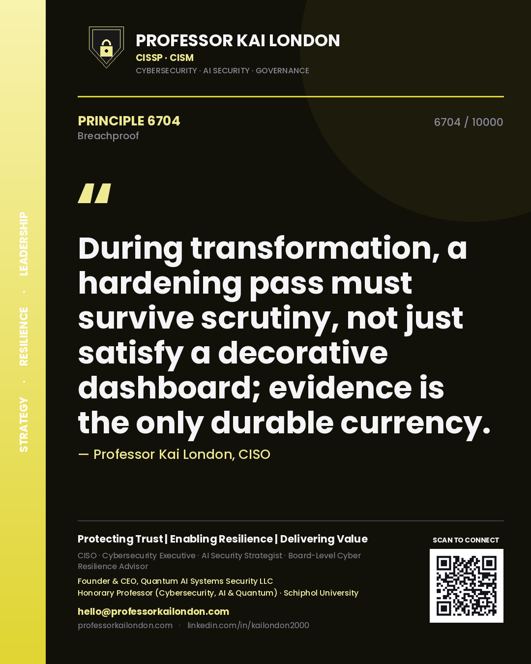 Quote card by Professor Kai London reading 'During transformation, a hardening pass must survive scrutiny, not just satisfy a decorative dashboard; evidence is the only durable currency.'. From the book Breachproof.