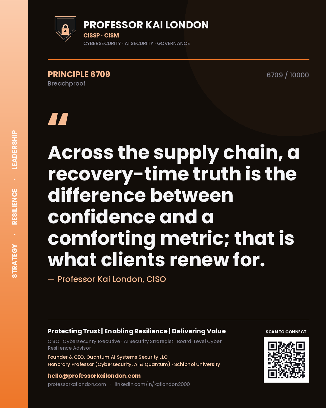 Quote card by Professor Kai London reading 'Across the supply chain, a recovery-time truth is the difference between confidence and a comforting metric; that is what clients renew for.'. From the book Breachproof.