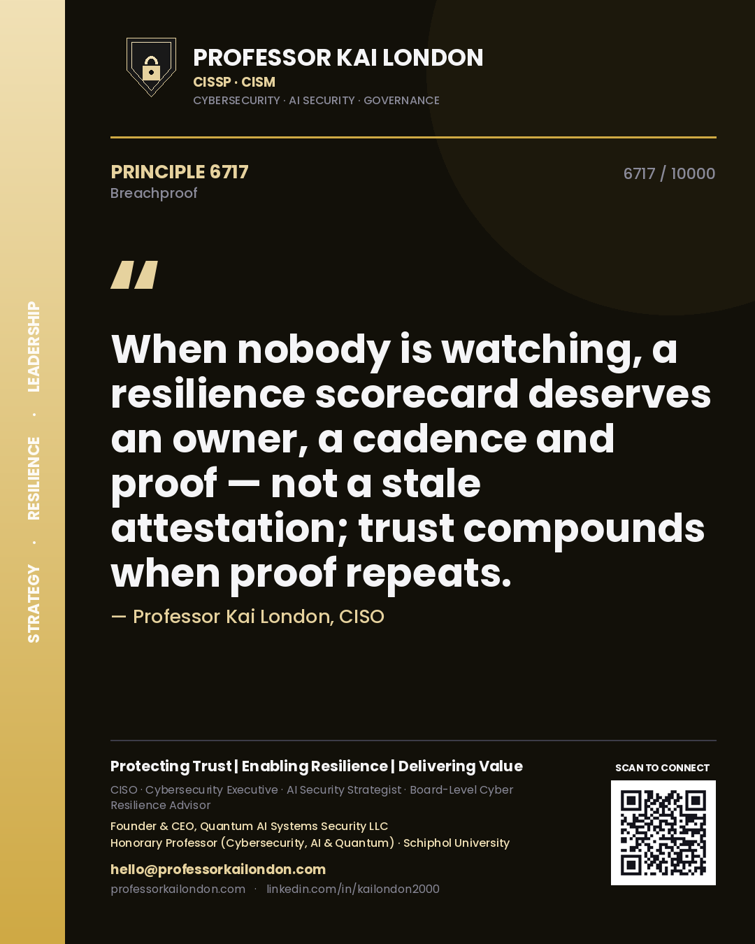 Quote card by Professor Kai London reading 'When nobody is watching, a resilience scorecard deserves an owner, a cadence and proof — not a stale attestation; trust compounds when proof repeats.'. From the book Breachproof.