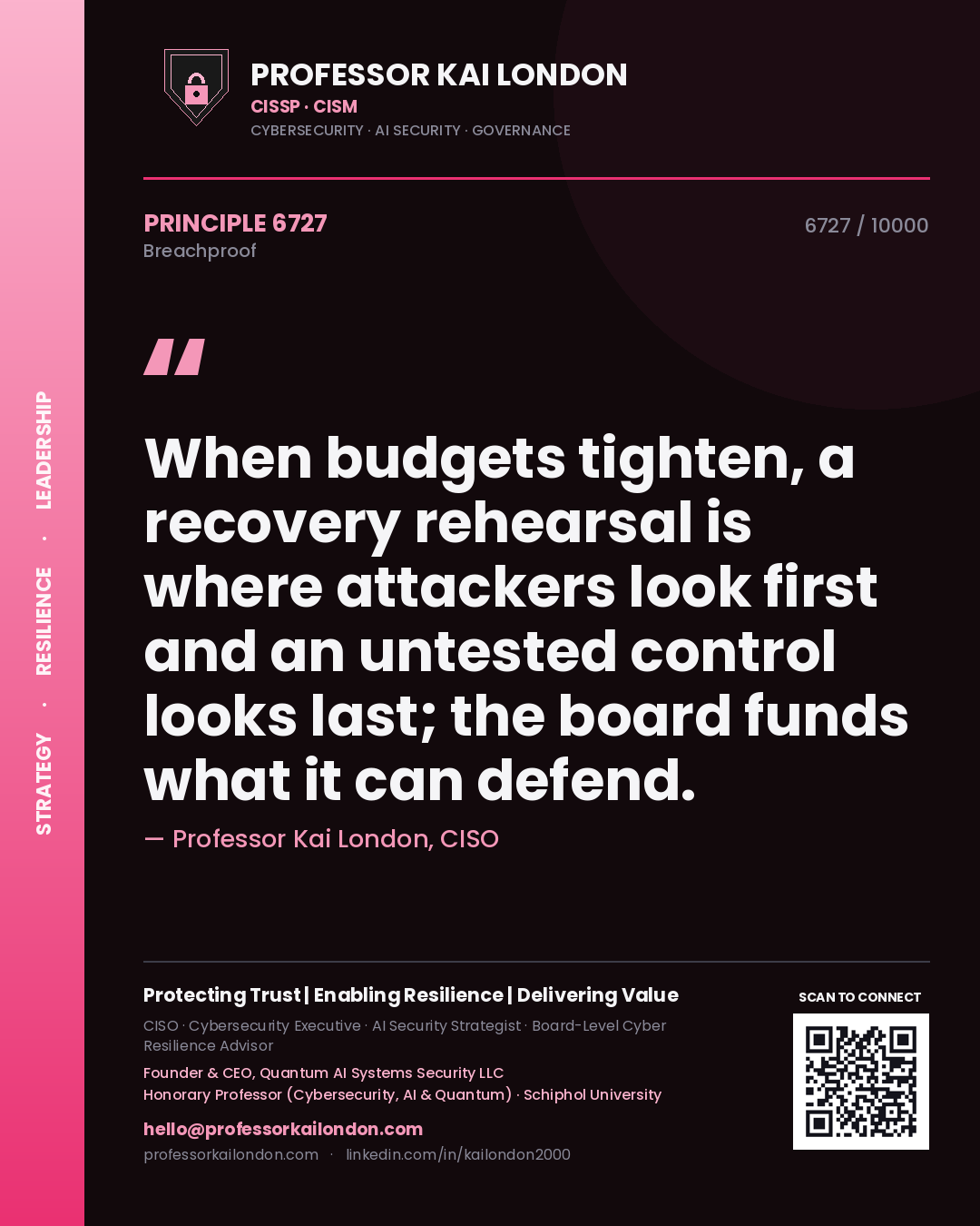 Professor Kai London principle 6727: When budgets tighten, a recovery rehearsal is where attackers look first and an untested control looks last; the board funds what it can defend.