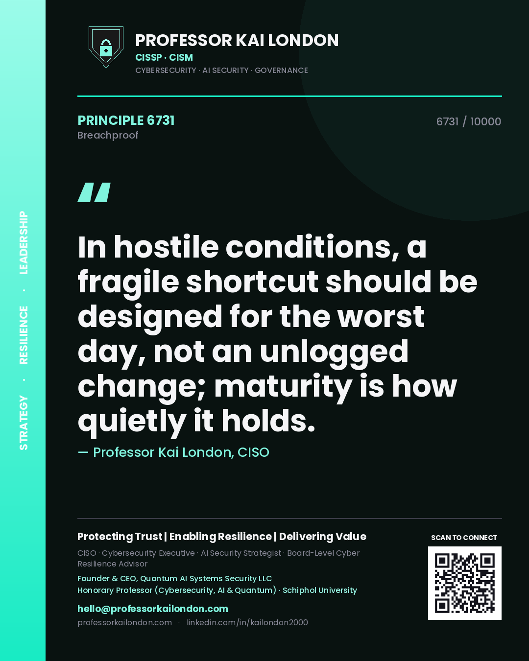 Professor Kai London principle 6731: In hostile conditions, a fragile shortcut should be designed for the worst day, not an unlogged change; maturity is how quietly it holds.
