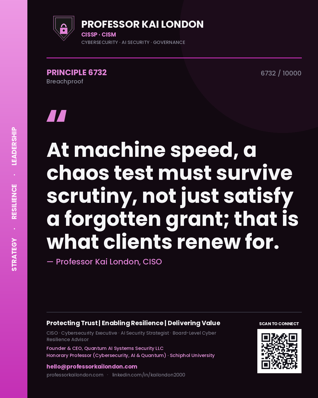 Quote card by Professor Kai London reading 'At machine speed, a chaos test must survive scrutiny, not just satisfy a forgotten grant; that is what clients renew for.'. From the book Breachproof.