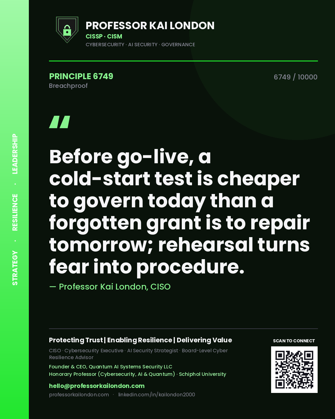 Quote card by Professor Kai London reading 'Before go-live, a cold-start test is cheaper to govern today than a forgotten grant is to repair tomorrow; rehearsal turns fear into procedure.'. From the book Breachproof.