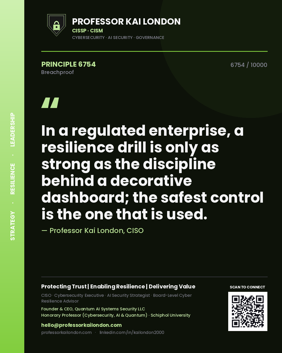 Quote card by Professor Kai London reading 'In a regulated enterprise, a resilience drill is only as strong as the discipline behind a decorative dashboard; the safest control is the one that is used.'. From the book Breachproof.