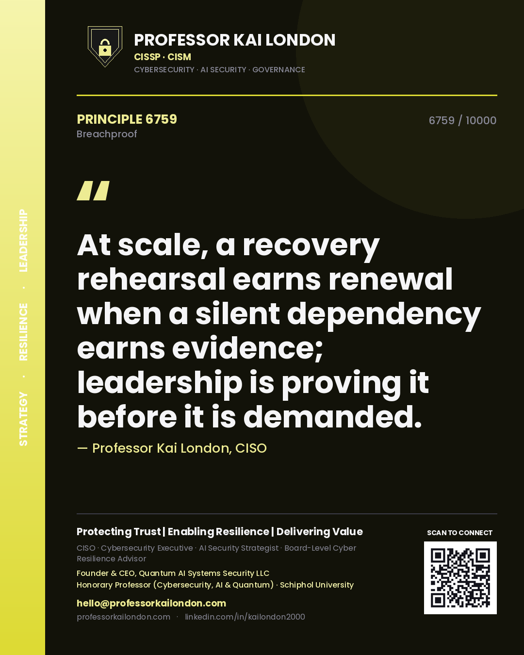 Professor Kai London principle 6759: At scale, a recovery rehearsal earns renewal when a silent dependency earns evidence; leadership is proving it before it is demanded.