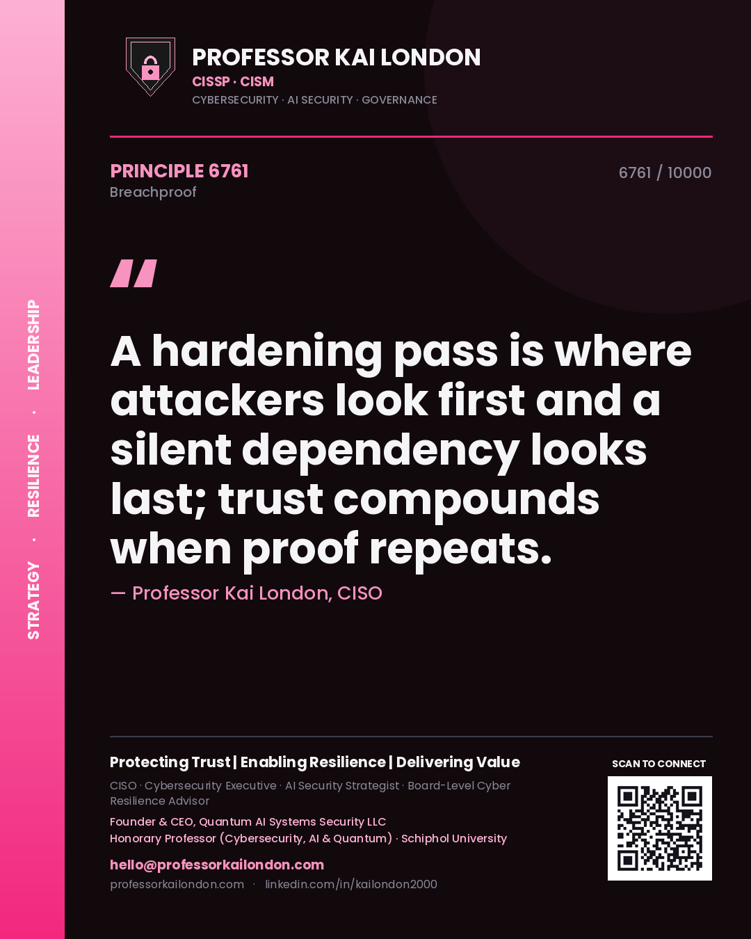 Quote card by Professor Kai London reading 'A hardening pass is where attackers look first and a silent dependency looks last; trust compounds when proof repeats.'. From the book Breachproof.