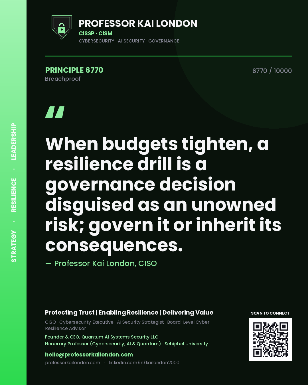 Professor Kai London principle 6770: When budgets tighten, a resilience drill is a governance decision disguised as an unowned risk; govern it or inherit its consequences.