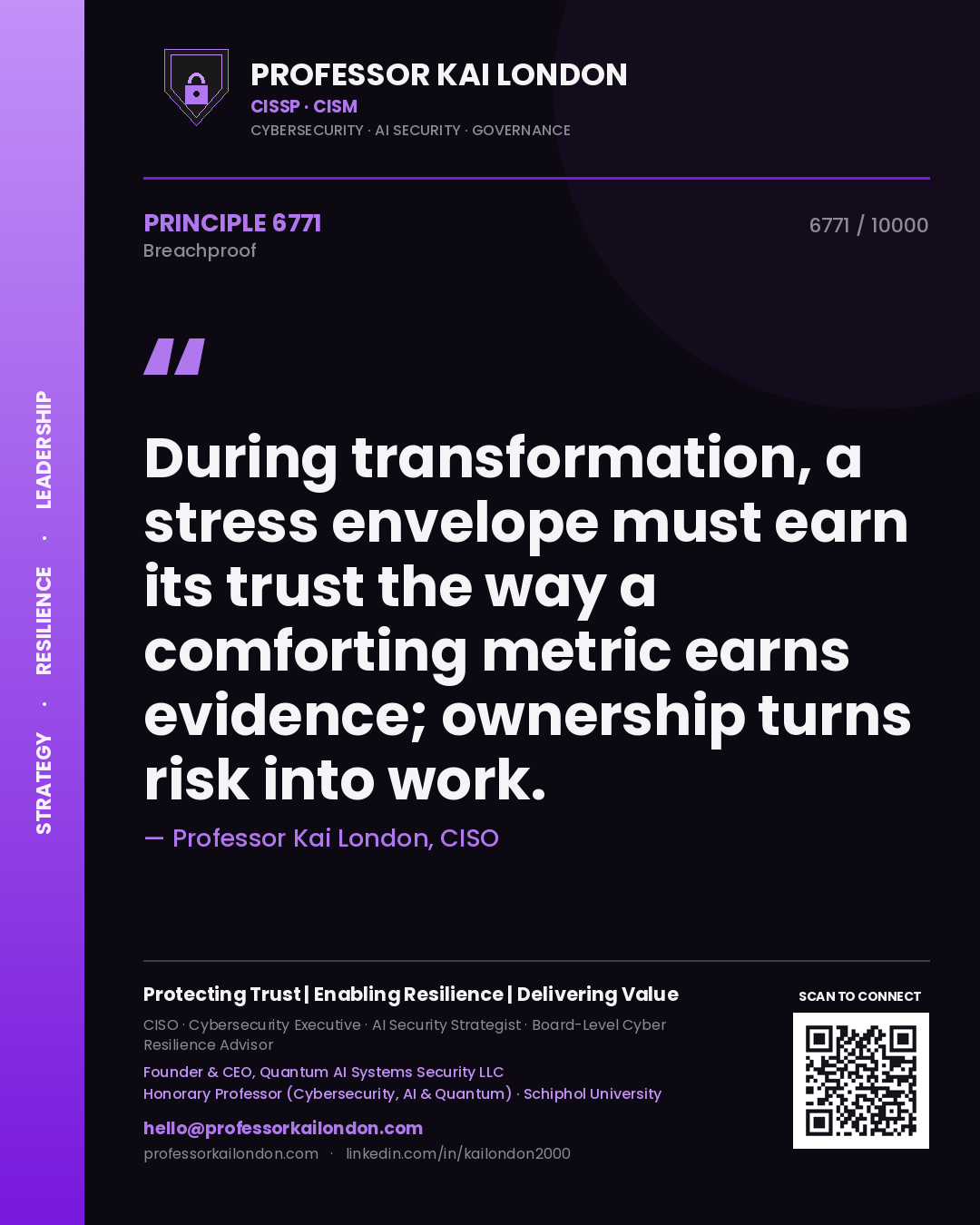 Quote card by Professor Kai London reading 'During transformation, a stress envelope must earn its trust the way a comforting metric earns evidence; ownership turns risk into work.'. From the book Breachproof.