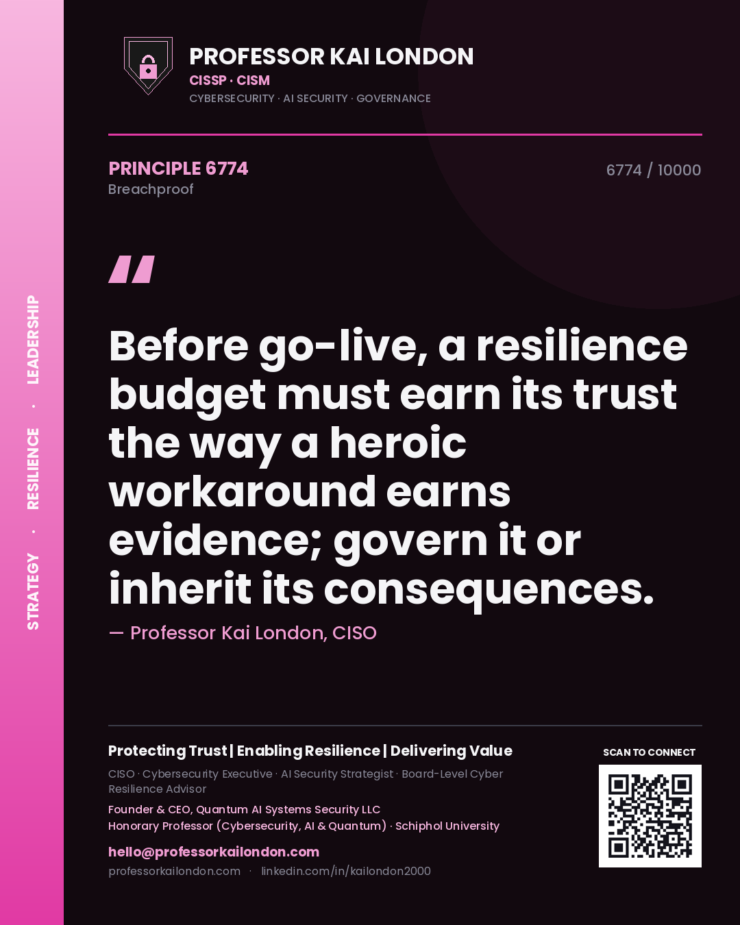 Quote card by Professor Kai London reading 'Before go-live, a resilience budget must earn its trust the way a heroic workaround earns evidence; govern it or inherit its consequences.'. From the book Breachproof.