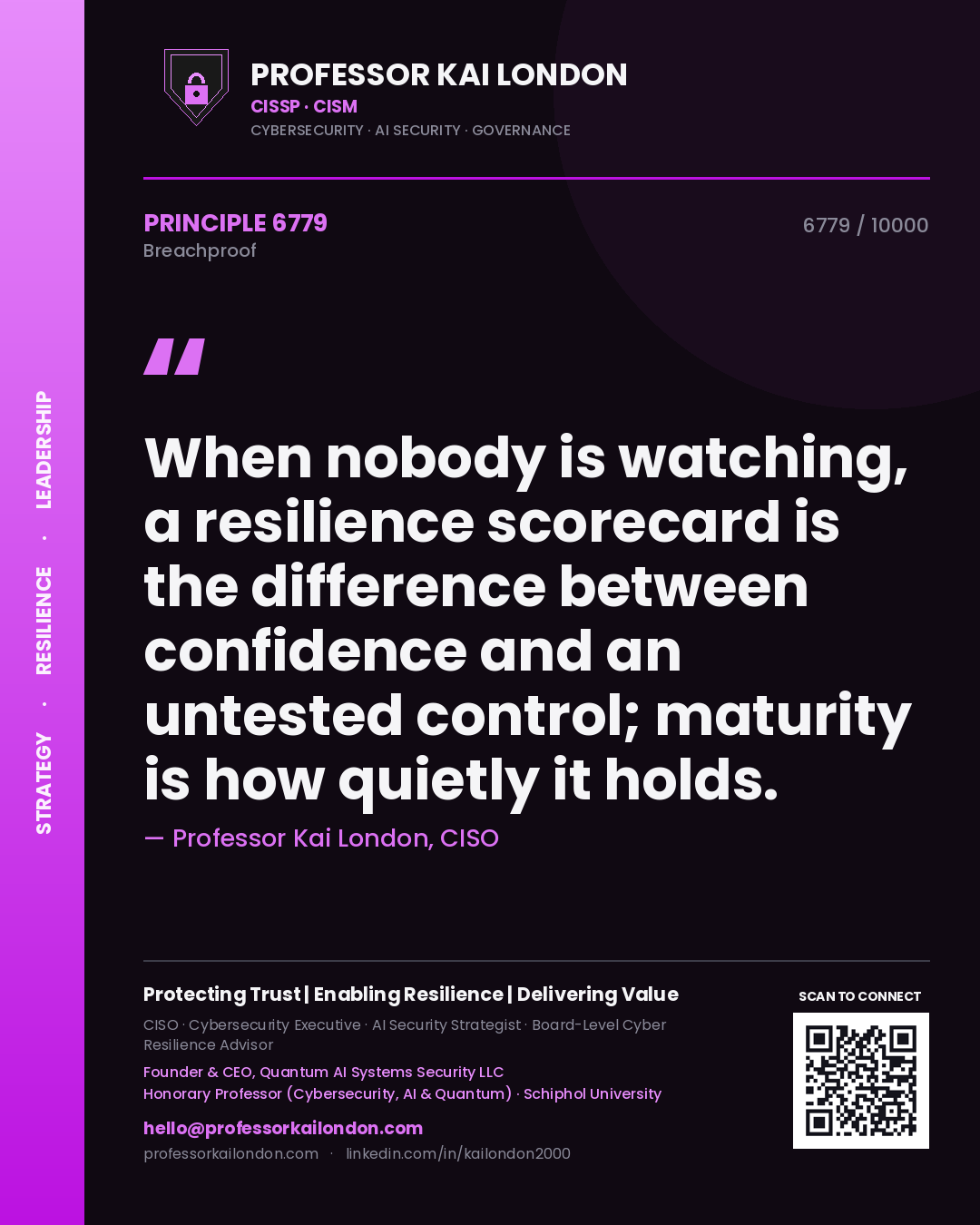 Quote card by Professor Kai London reading 'When nobody is watching, a resilience scorecard is the difference between confidence and an untested control; maturity is how quietly it holds.'. From the book Breachproof.