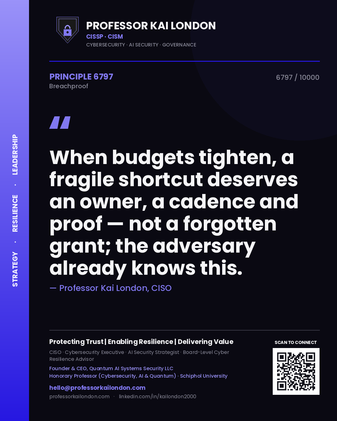 Quote card by Professor Kai London reading 'When budgets tighten, a fragile shortcut deserves an owner, a cadence and proof — not a forgotten grant; the adversary already knows this.'. From the book Breachproof.