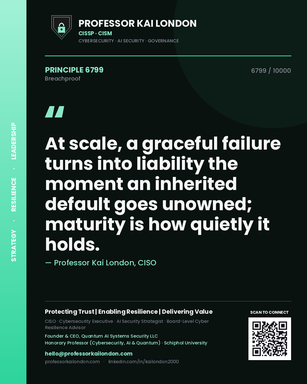 Quote card by Professor Kai London reading 'At scale, a graceful failure turns into liability the moment an inherited default goes unowned; maturity is how quietly it holds.'. From the book Breachproof.