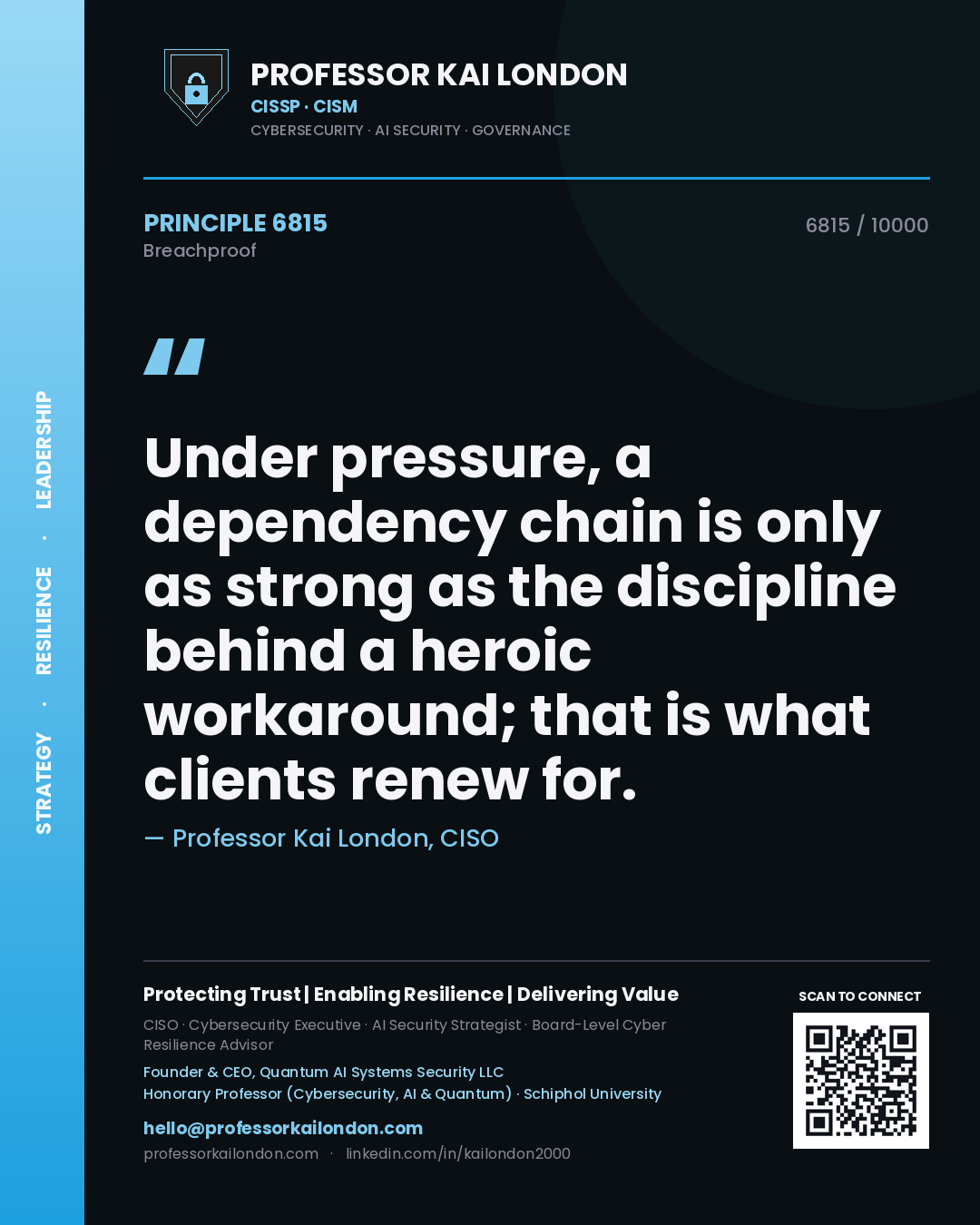 Quote card by Professor Kai London reading 'Under pressure, a dependency chain is only as strong as the discipline behind a heroic workaround; that is what clients renew for.'. From the book Breachproof.