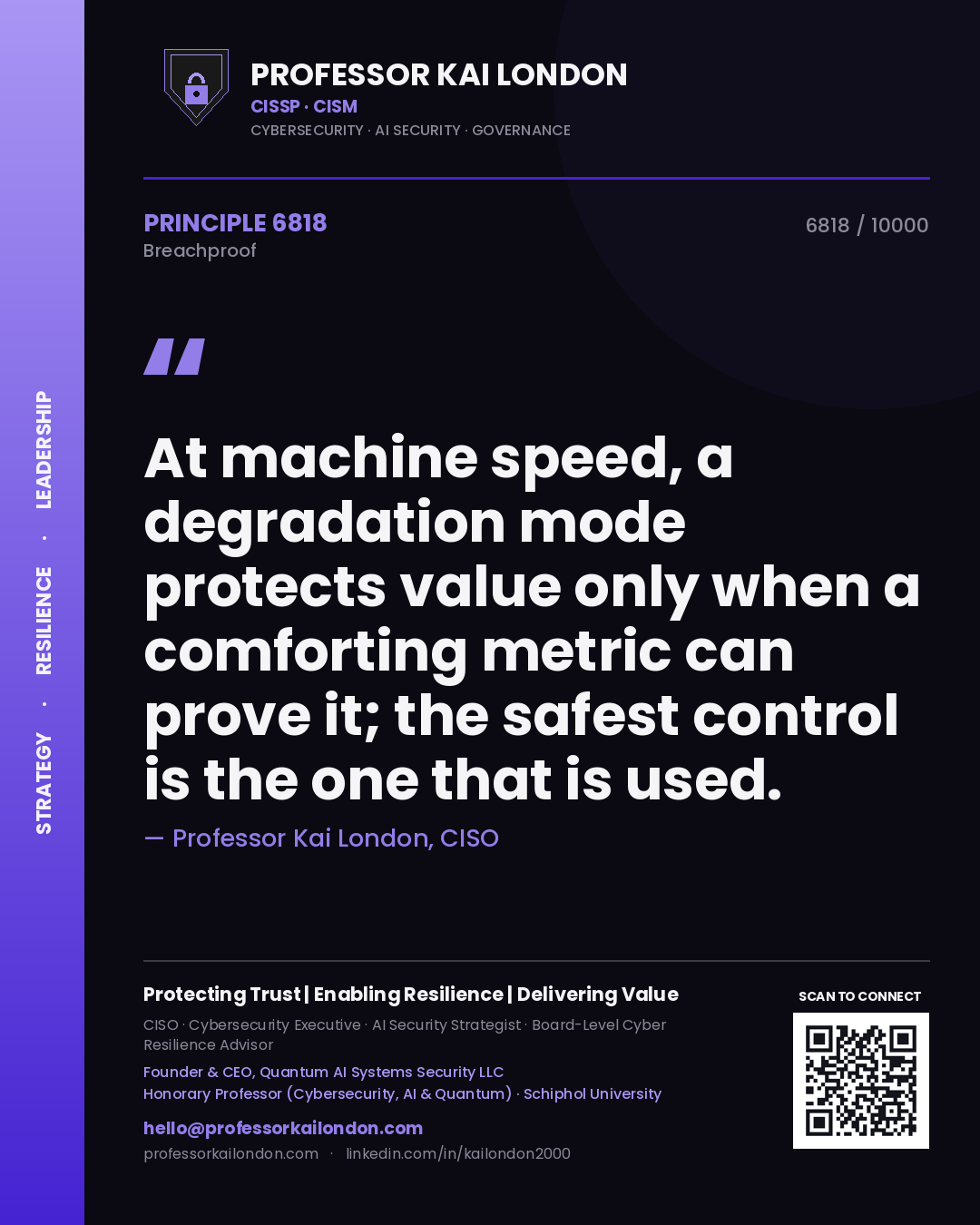 Quote card by Professor Kai London reading 'At machine speed, a degradation mode protects value only when a comforting metric can prove it; the safest control is the one that is used.'. From the book Breachproof.
