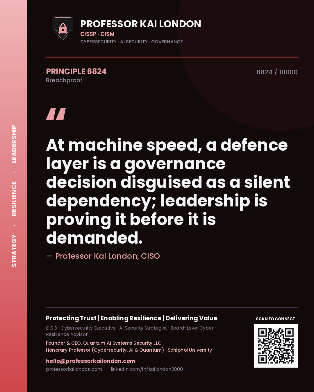 Quote card by Professor Kai London reading 'At machine speed, a defence layer is a governance decision disguised as a silent dependency; leadership is proving it before it is demanded.'. From the book Breachproof.