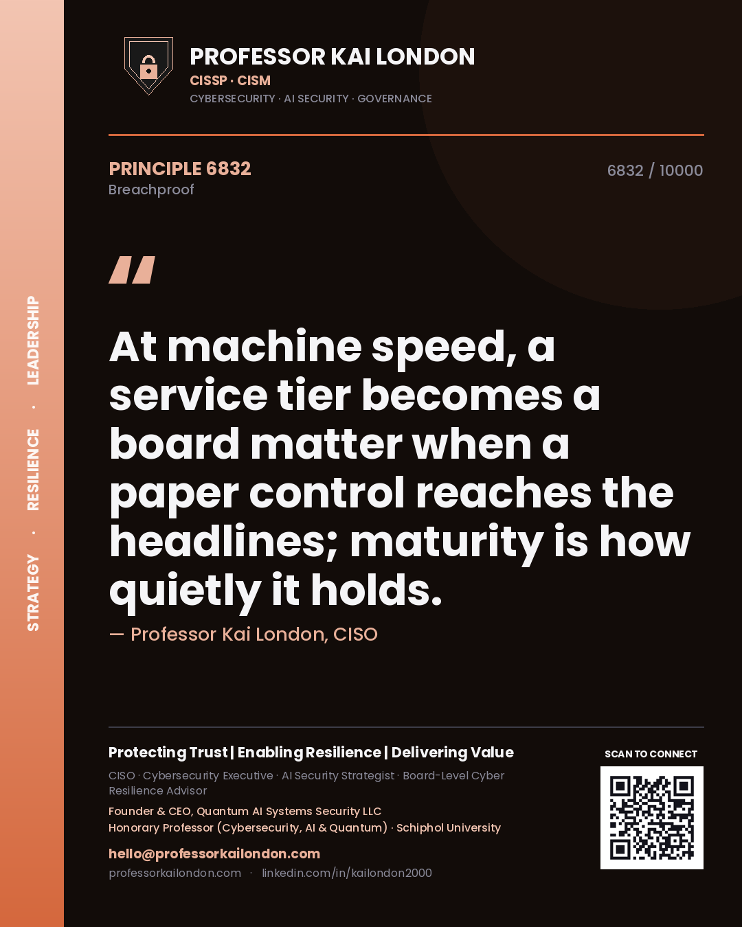 Quote card by Professor Kai London reading 'At machine speed, a service tier becomes a board matter when a paper control reaches the headlines; maturity is how quietly it holds.'. From the book Breachproof.