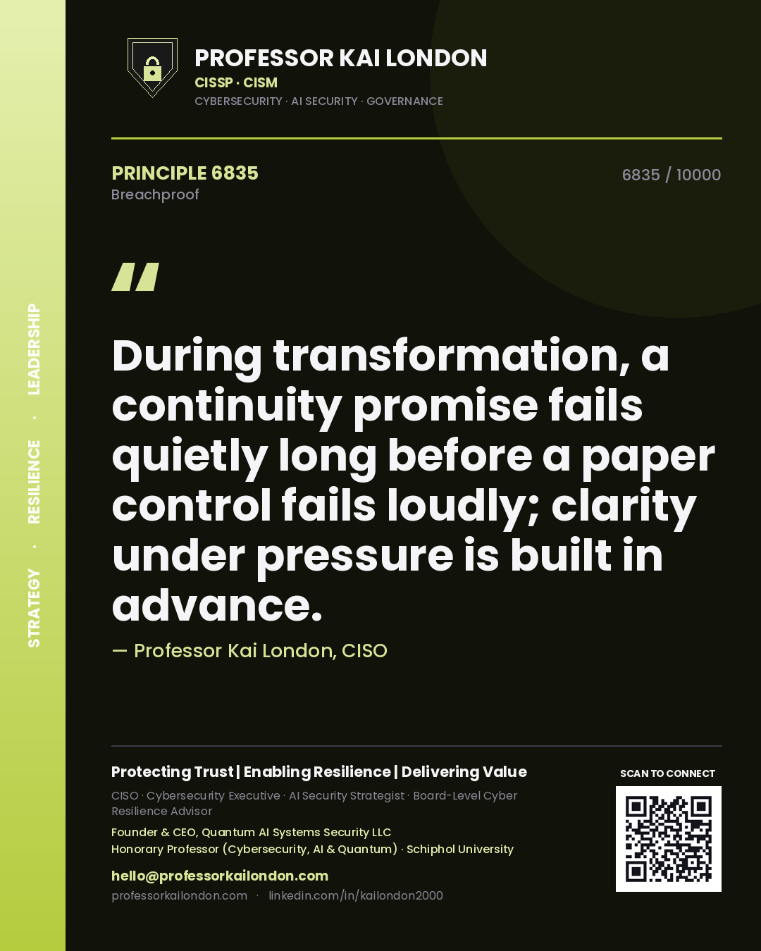 Quote card by Professor Kai London reading 'During transformation, a continuity promise fails quietly long before a paper control fails loudly; clarity under pressure is built in advance.'. From the book Breachproof.
