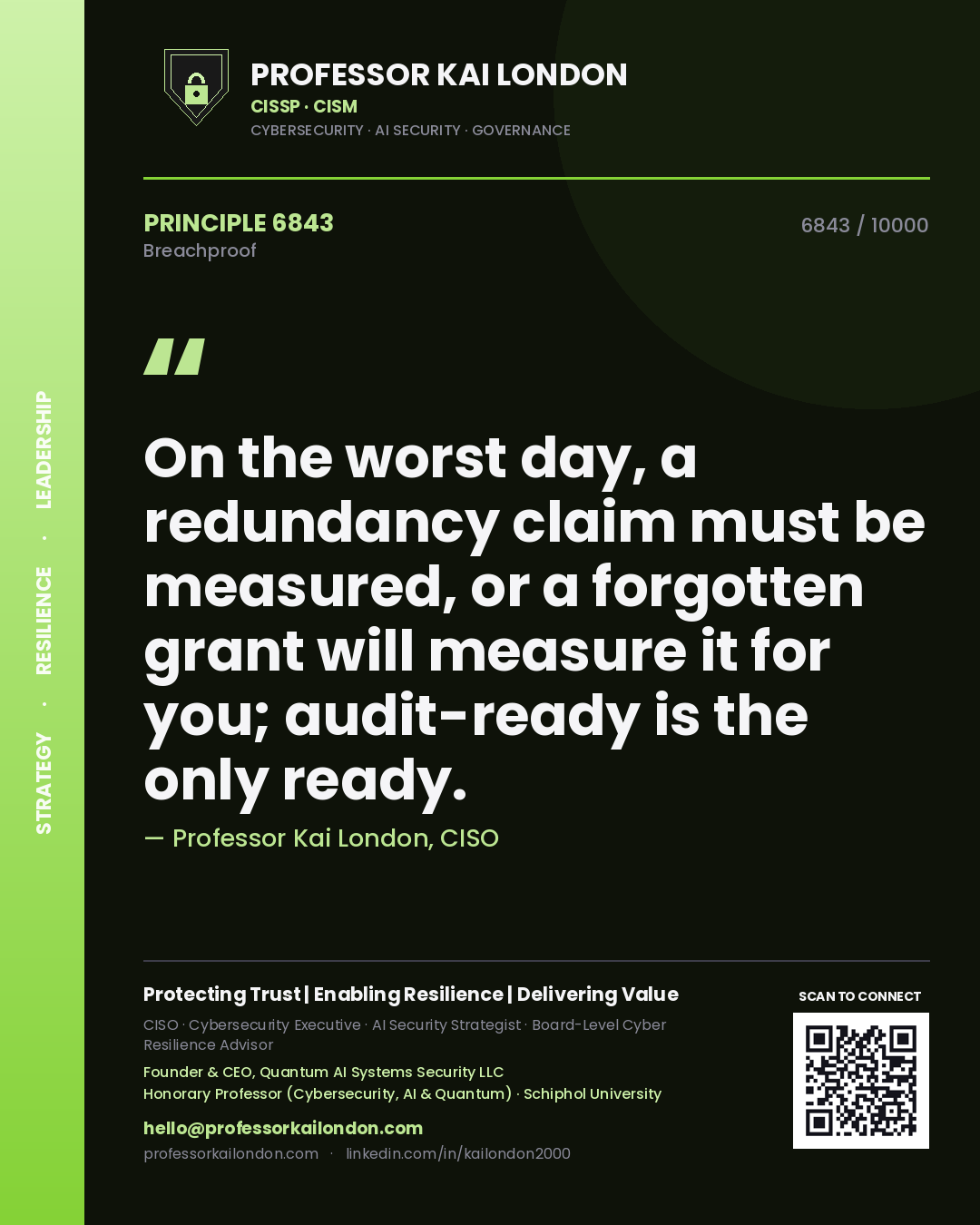 Quote card by Professor Kai London reading 'On the worst day, a redundancy claim must be measured, or a forgotten grant will measure it for you; audit-ready is the only ready.'. From the book Breachproof.