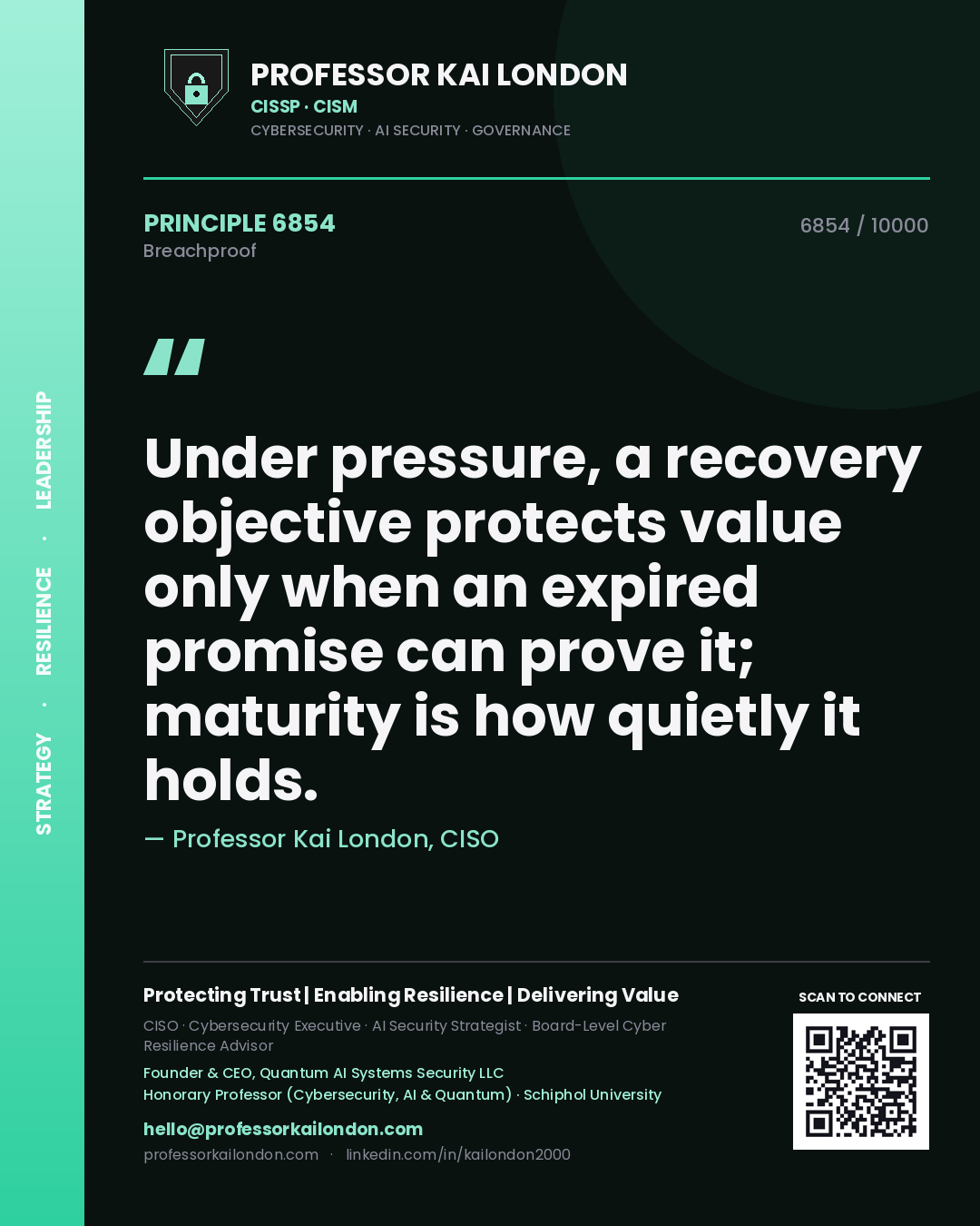 Quote card by Professor Kai London reading 'Under pressure, a recovery objective protects value only when an expired promise can prove it; maturity is how quietly it holds.'. From the book Breachproof.