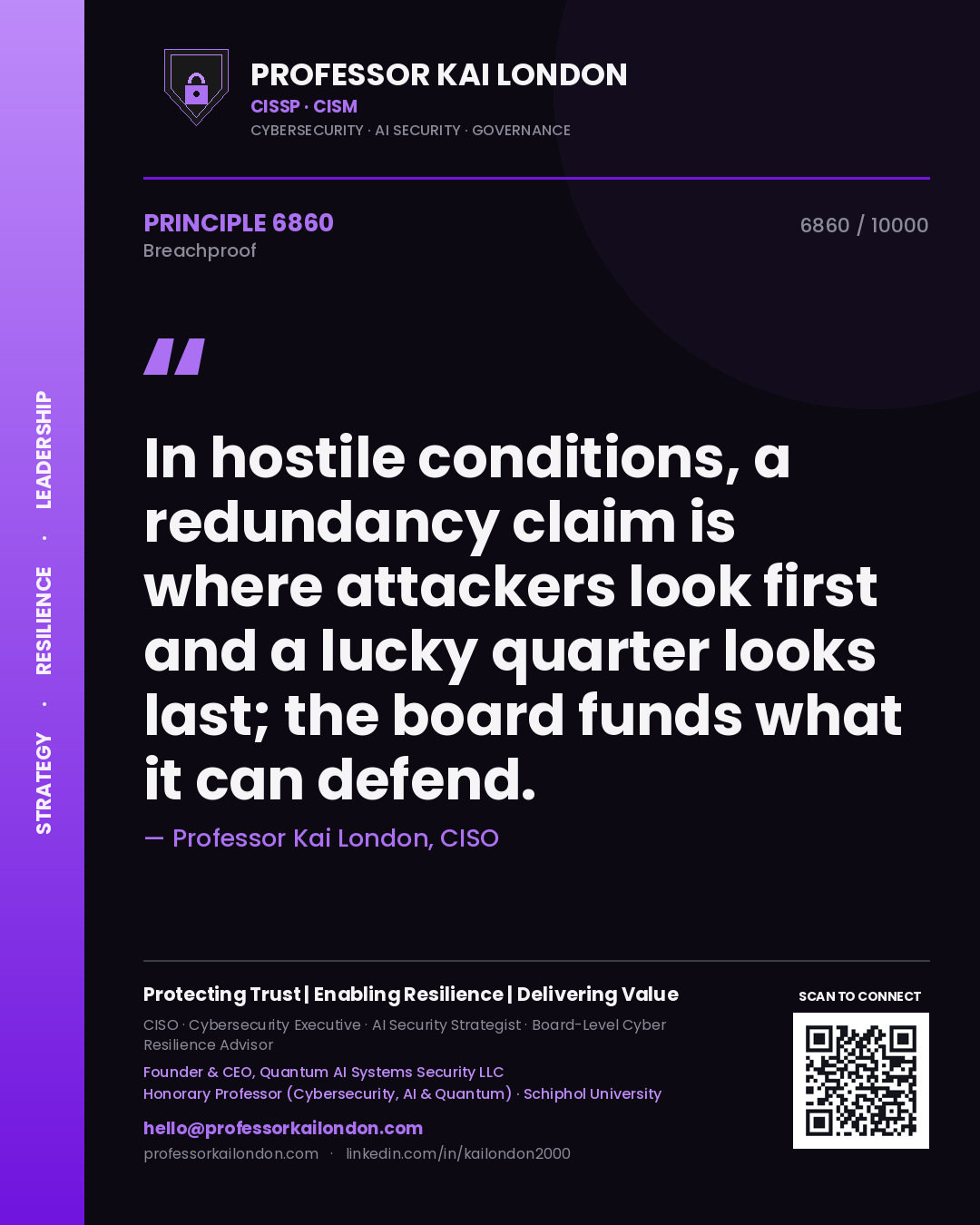 Quote card by Professor Kai London reading 'In hostile conditions, a redundancy claim is where attackers look first and a lucky quarter looks last; the board funds what it can defend.'. From the book Breachproof.