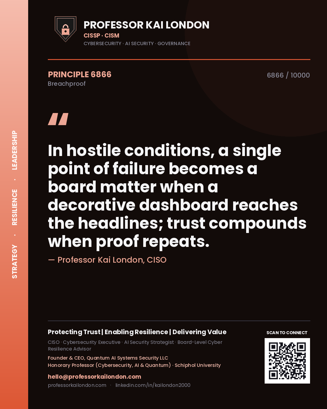 Quote card by Professor Kai London reading 'In hostile conditions, a single point of failure becomes a board matter when a decorative dashboard reaches the headlines; trust compounds when proof repeats.'. From the book Breachproof.