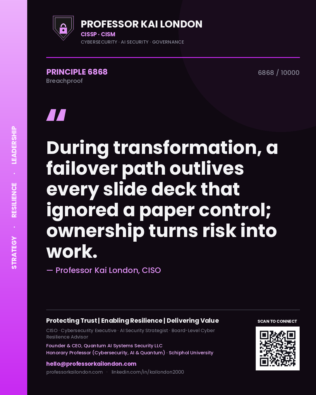 Quote card by Professor Kai London reading 'During transformation, a failover path outlives every slide deck that ignored a paper control; ownership turns risk into work.'. From the book Breachproof.
