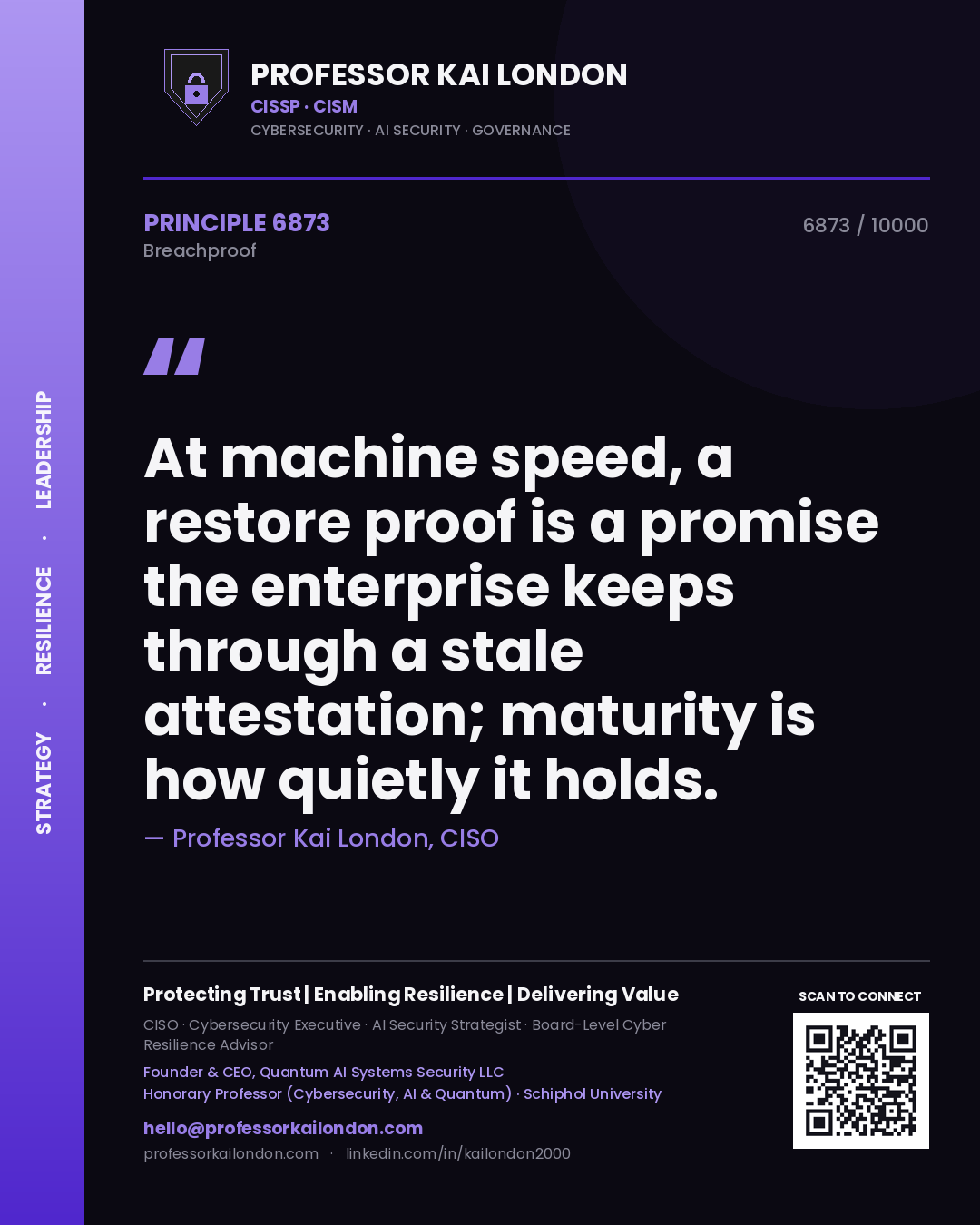Quote card by Professor Kai London reading 'At machine speed, a restore proof is a promise the enterprise keeps through a stale attestation; maturity is how quietly it holds.'. From the book Breachproof.