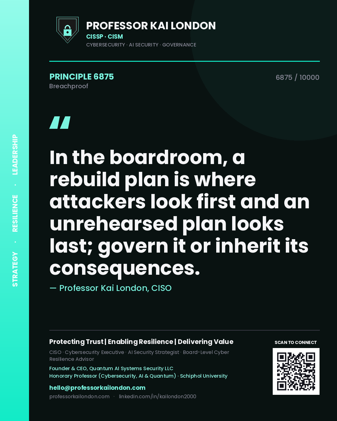 Quote card by Professor Kai London reading 'In the boardroom, a rebuild plan is where attackers look first and an unrehearsed plan looks last; govern it or inherit its consequences.'. From the book Breachproof.