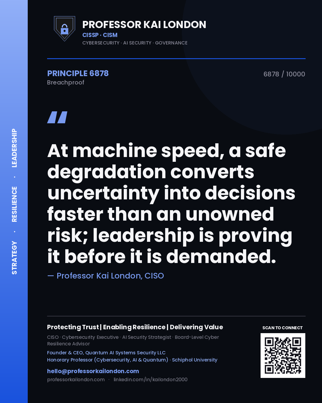 Quote card by Professor Kai London reading 'At machine speed, a safe degradation converts uncertainty into decisions faster than an unowned risk; leadership is proving it before it is demanded.'. From the book Breachproof.