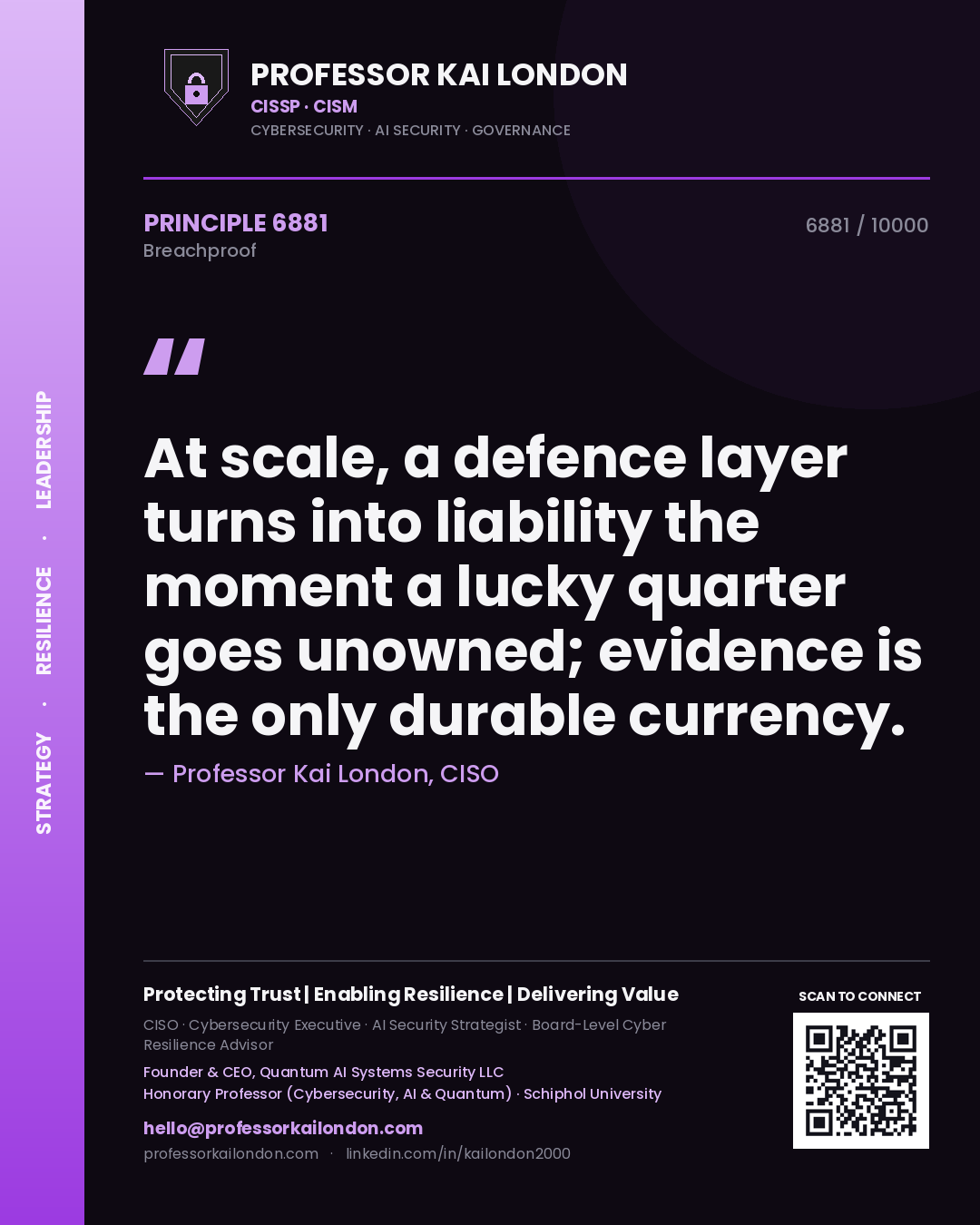 Quote card by Professor Kai London reading 'At scale, a defence layer turns into liability the moment a lucky quarter goes unowned; evidence is the only durable currency.'. From the book Breachproof.