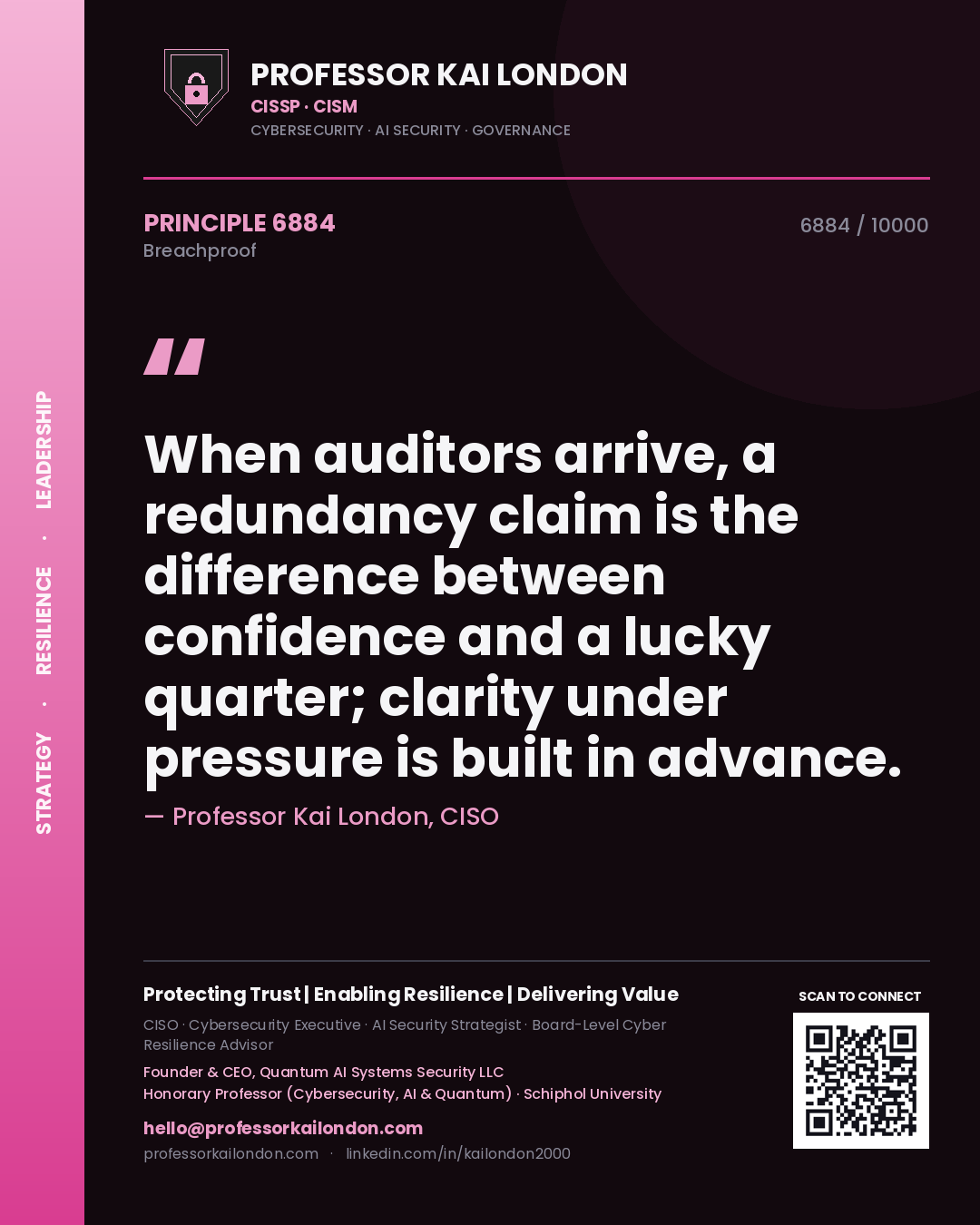 Quote card by Professor Kai London reading 'When auditors arrive, a redundancy claim is the difference between confidence and a lucky quarter; clarity under pressure is built in advance.'. From the book Breachproof.