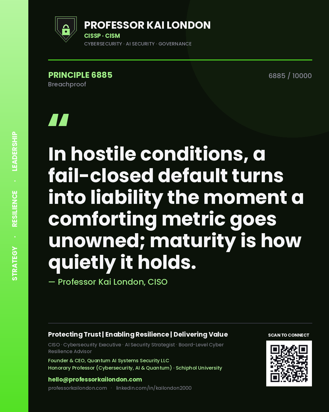 Quote card by Professor Kai London reading 'In hostile conditions, a fail-closed default turns into liability the moment a comforting metric goes unowned; maturity is how quietly it holds.'. From the book Breachproof.