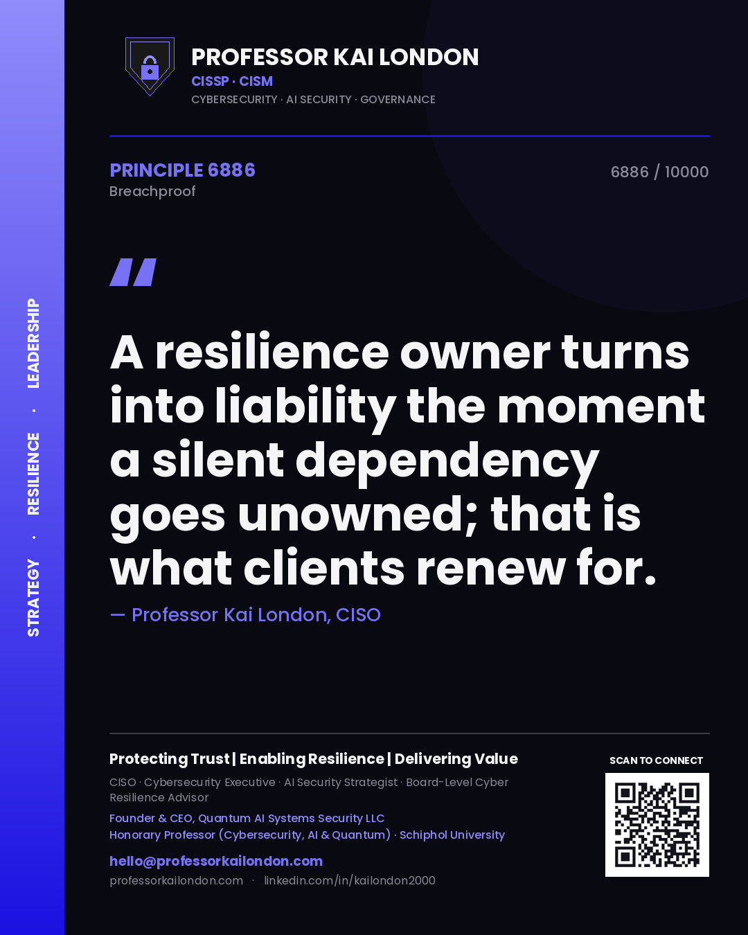 Quote card by Professor Kai London reading 'A resilience owner turns into liability the moment a silent dependency goes unowned; that is what clients renew for.'. From the book Breachproof.