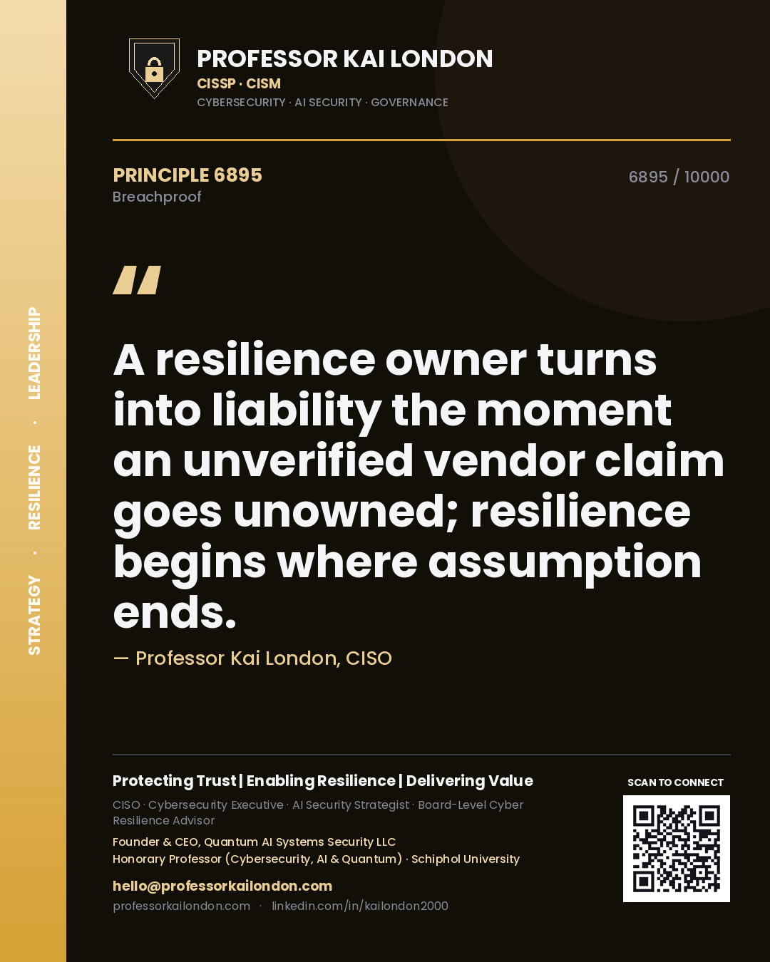 Quote card by Professor Kai London reading 'A resilience owner turns into liability the moment an unverified vendor claim goes unowned; resilience begins where assumption ends.'. From the book Breachproof.
