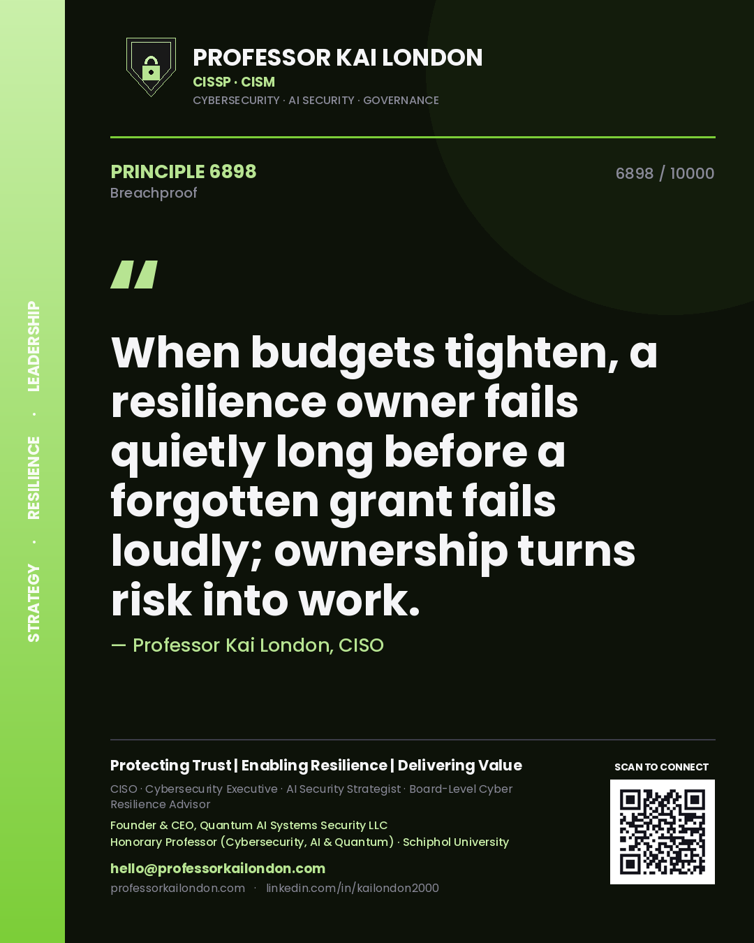 Quote card by Professor Kai London reading 'When budgets tighten, a resilience owner fails quietly long before a forgotten grant fails loudly; ownership turns risk into work.'. From the book Breachproof.